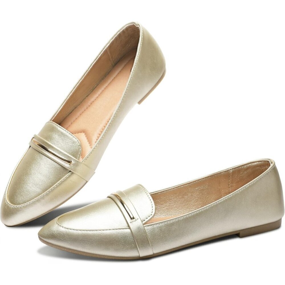 Obtaom Women's Gold Faux Leather Pointed Toe Slip On Loafer Ballet Flat Shoes